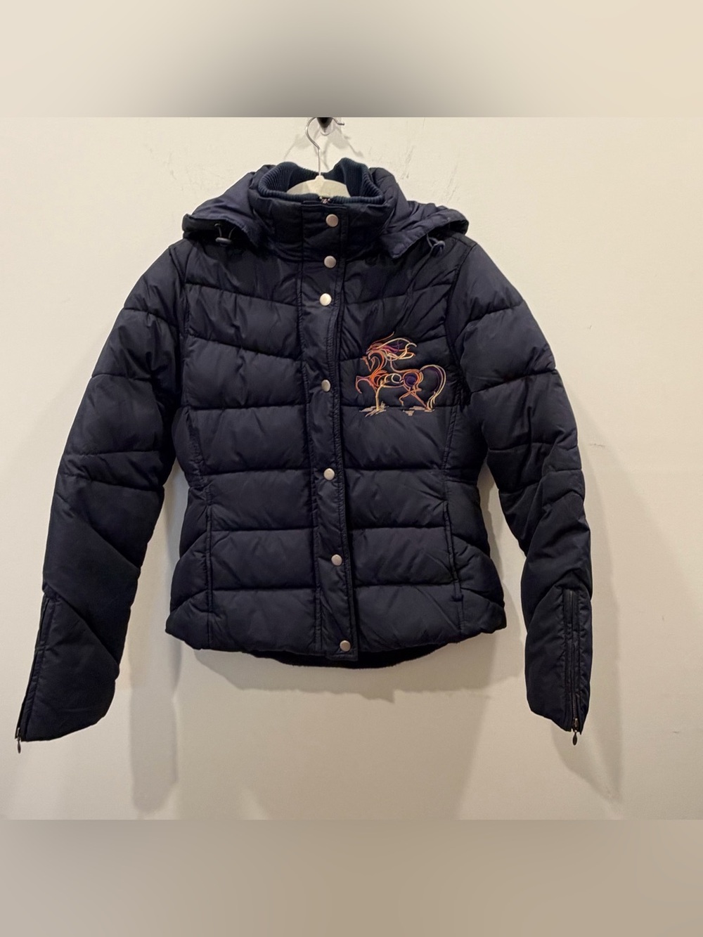 Bitten by Sarah Jessica Parker Navy Quilted Puffer Jacket with Embroidered Horse